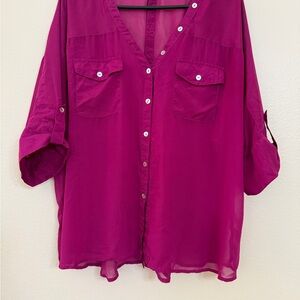 Black Rainn Fuchsia Sheer Blouse Button Back Detail Roll Tab Sleeve Size Large